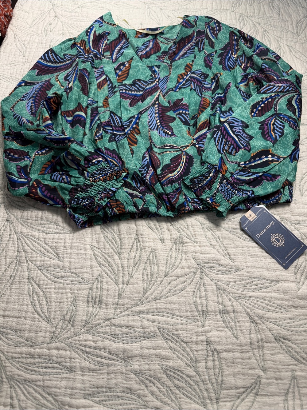 Women Boho tropical Leaf Print Cropped Blouse balloon sleeve Smoked Hem Top;PS